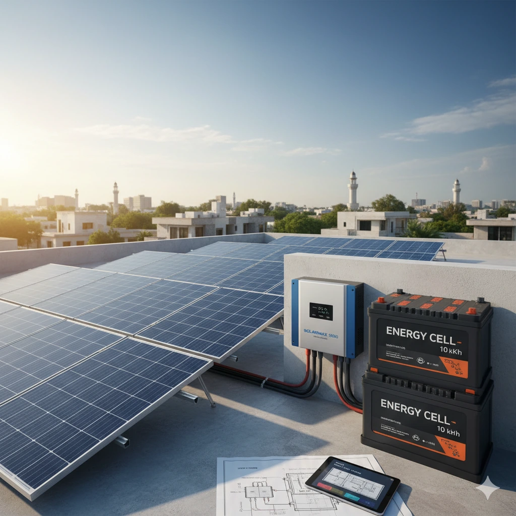 Solar power system components on a rooftop in Pakistan: including blue solar panels, a grid-tie inverter, and a black storage battery.